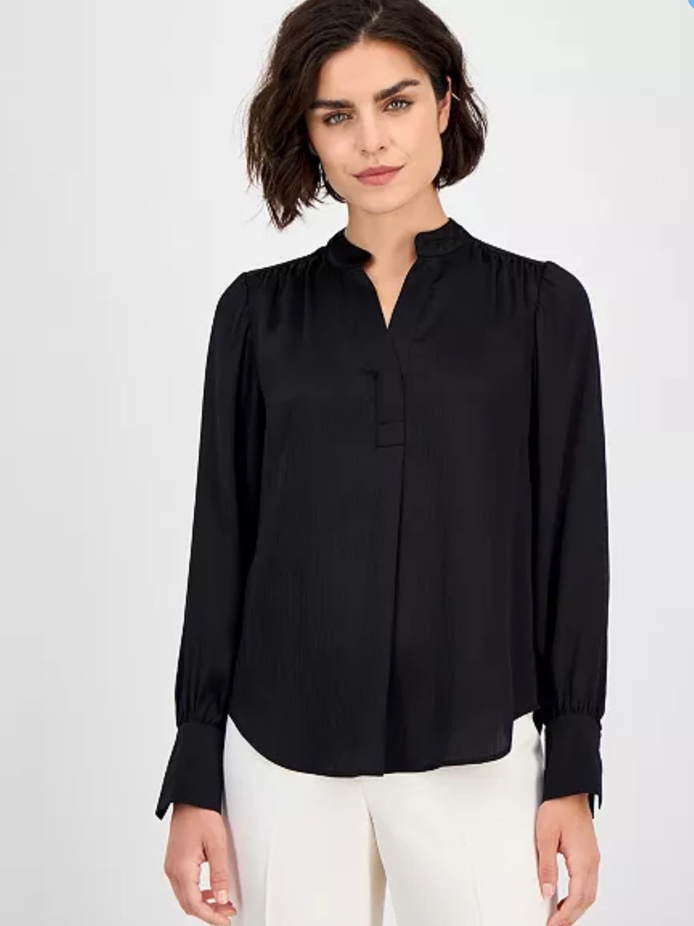 J. Crew Factory Black Mandarin-Collar Long-Sleeve Blouse